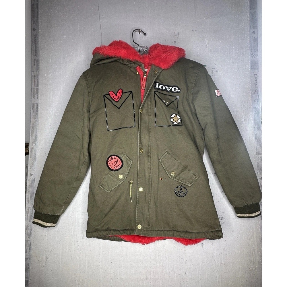 Marc Jacobs Girls Olive Green & Red Faux Fur Lined Winter Parka w/ Patches Sz 12